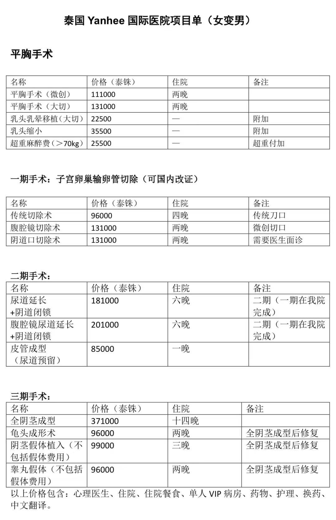 价目表